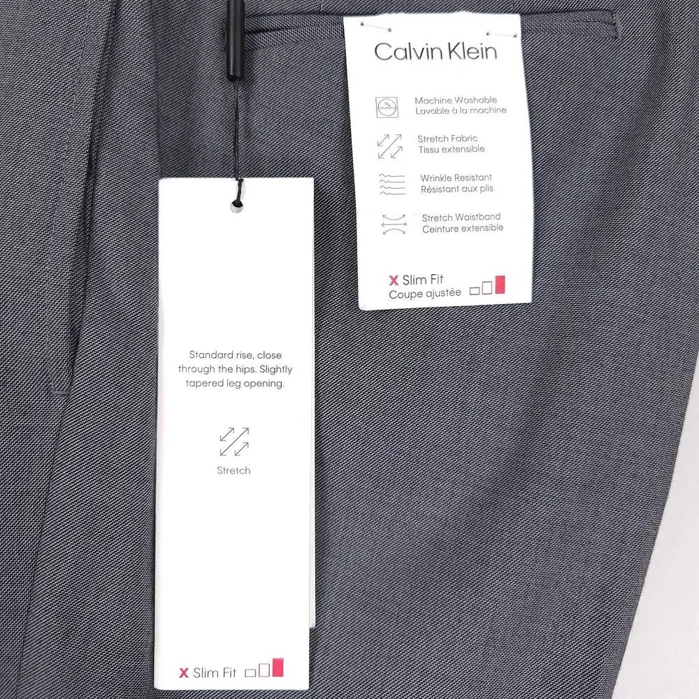 Calvin Klein Mens Slim Fit Dress Pants 33x32 Medium Grey Solid Sharkskin Stretch